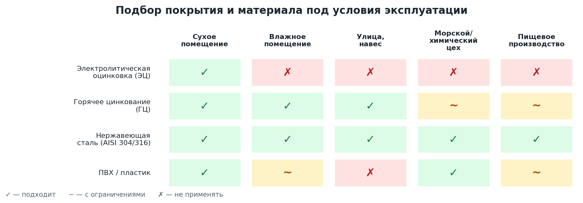 Таблица подбора материала и покрытия кабельного лотка под условия эксплуатации: оцинковка, горячее цинкование, нержавеющая сталь, ПВХ