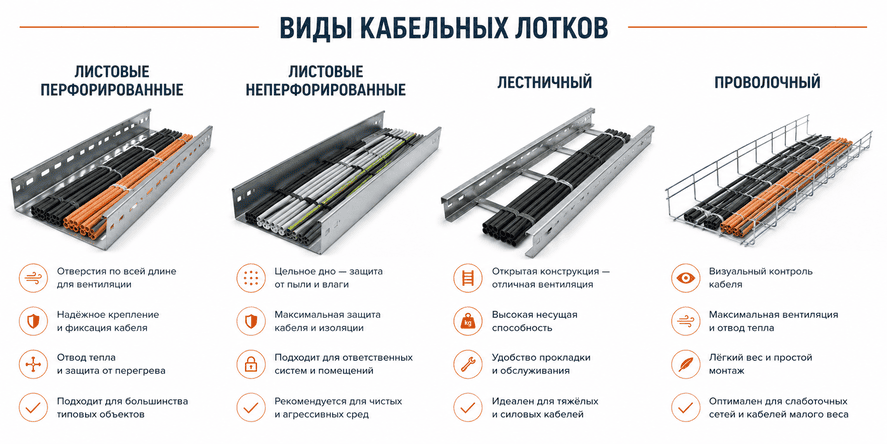 Схемы четырёх типов кабельных лотков: перфорированный, глухой, лестничный и проволочный
